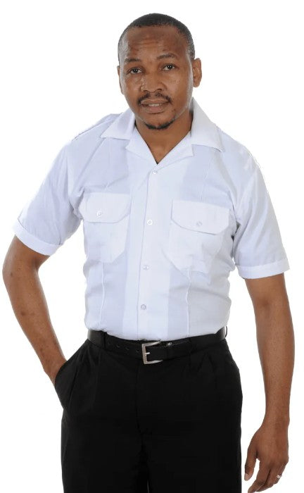 Short Sleeve Pilot Shirt Open Neck Magnum Fabric White
